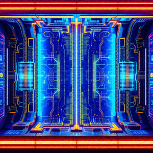 Close-up of a futuristic, blue and yellow computer system