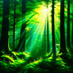 Lush green forest filled with trees and sunlight
