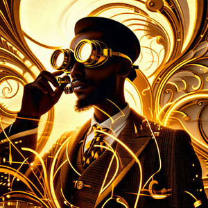 Man wearing a suit and tie, with a pair of goggles on his...