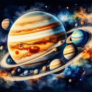 Painting of a solar system, featuring a large, colorful p...