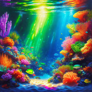 Vibrant and colorful underwater scene featuring a variety...