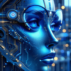 Futuristic robot with a blue face and a pair of blue glasses
