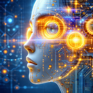 Close-up of a computerized face with a blue background