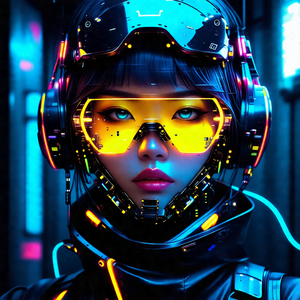 Woman wearing a futuristic outfit, including a black and ...