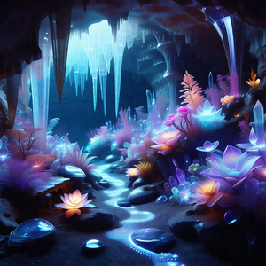 Colorful, computer-generated scene of a cave with a river...