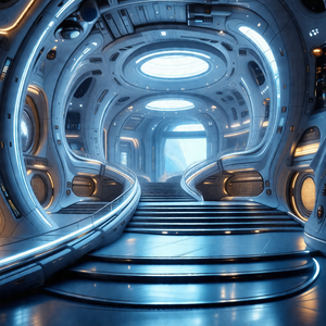 Futuristic space station with a long, curved hallway