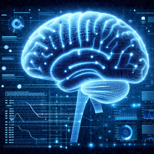 Close-up of a human brain, with a blue glow surrounding it
