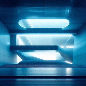 Large, modern building with a blue-lit staircase