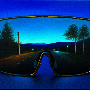 Painting of a road at dusk, with a blue sky and a few tre...