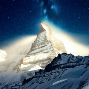 Majestic mountain with a snow-covered peak, towering over...