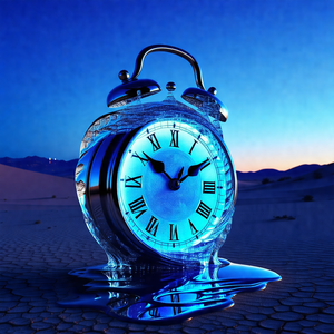 Large, blue clock with roman numerals, placed in a desert...