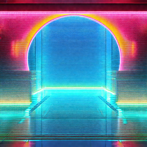 Large, open doorway with a brightly colored, rainbow-like...