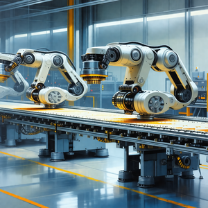 Factory setting with two large white robots standing next...