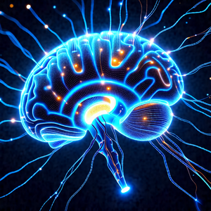 Close-up of a human brain, with a blue glow surrounding it