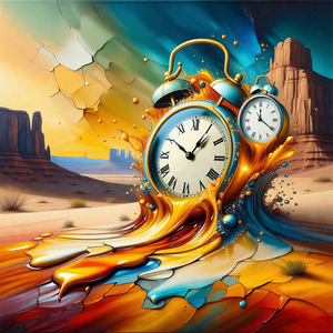 Large, colorful clock that is falling apart and appears t...