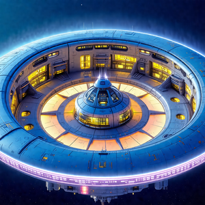 Futuristic space station with a large, round, blue struct...