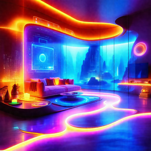 Futuristic living room with a purple and orange color scheme
