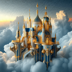 Large, ornate castle with a blue and gold color scheme