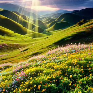 Beautiful, lush green hillside with a vibrant yellow sun ...