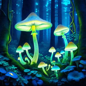 Lush green forest with a group of glowing mushrooms scatt...