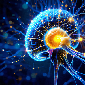 Close-up of a brain with a bright blue glow