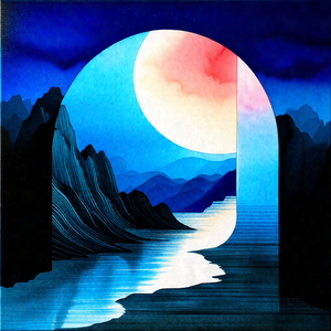 Blue and white painting of a mountainous landscape with a...