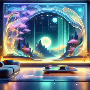Futuristic living room with a large window that showcases...