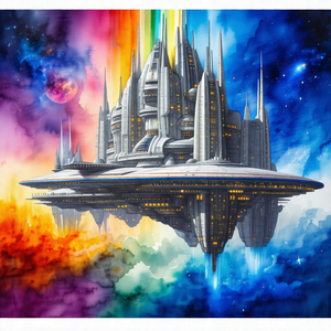 Futuristic city with a large, colorful building in the ce...
