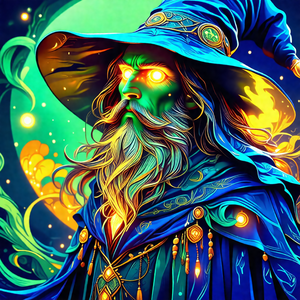 Wizard with a long beard and a blue hat, standing in fron...