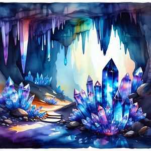 Colorful, hand-drawn illustration of a cave filled with c...