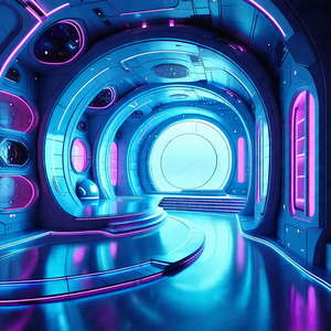 Futuristic, blue-lit room with a circular entrance
