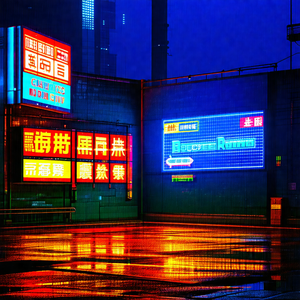 Nighttime city scene with a large neon sign in the foregr...