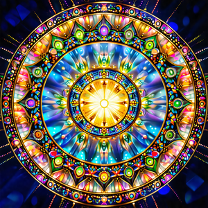 Colorful, circular artwork with a sun at its center