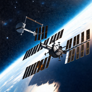 Space station with a large number of solar panels on its ...