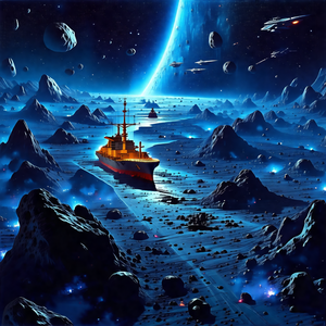 Painting of a large ship sailing through a vast, dark, an...