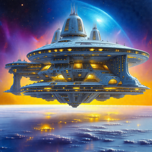 Large, futuristic spacecraft floating in the air