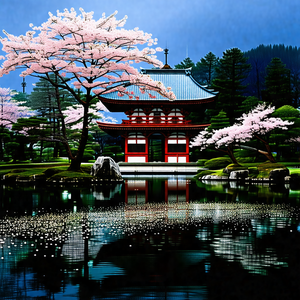 Beautiful japanese garden with a large red pagoda in the ...