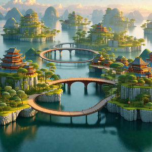 Beautifully drawn cartoon of a small island with a bridge...