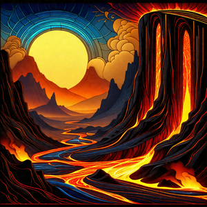 Painting of a mountainous landscape with a river flowing ...