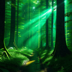 Lush green forest with a pathway leading through the trees