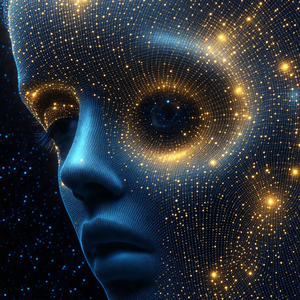 Close-up of a person's head, with a bright blue background