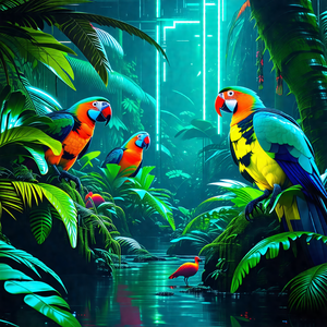 Lush green forest with a group of colorful birds perched ...