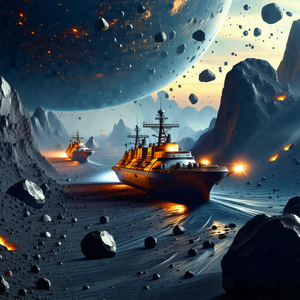 Large ship sailing through a space filled with various ce...