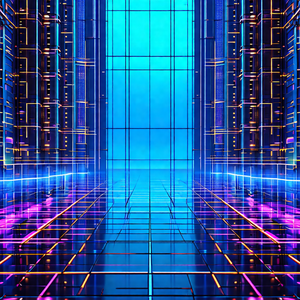 Futuristic, computer-generated scene featuring a long, na...