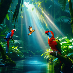 Lush green forest with two colorful parrots perched on tr...