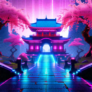 Beautifully lit asian palace with a pink and purple color...