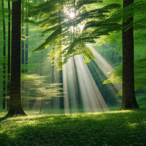 Serene forest scene with a sunbeam shining through the trees