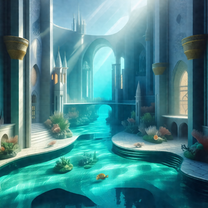 Digital painting of a fantasy castle with a large body of...