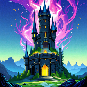 Colorful, animated illustration of a castle with a purple...