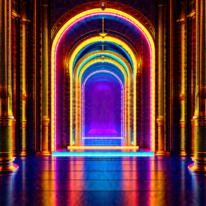 Large, colorful archway with a purple and yellow lighting...